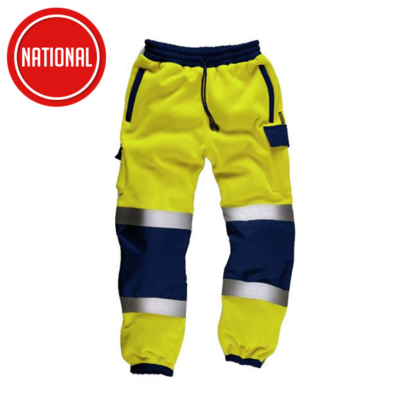 High visibility yellow and navy work trousers with reflective safety bands, elastic waist and cuffs.