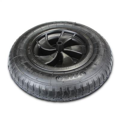 spare black rubber wheelbarrow wheel with treaded tire and plastic hub for building tools