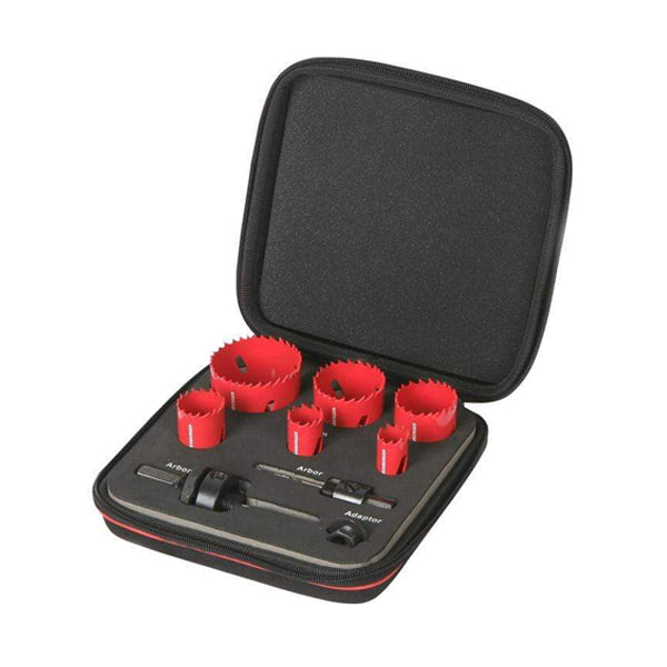 Hole saw drill bit set with red saws and arbors in a black foam organizer case
