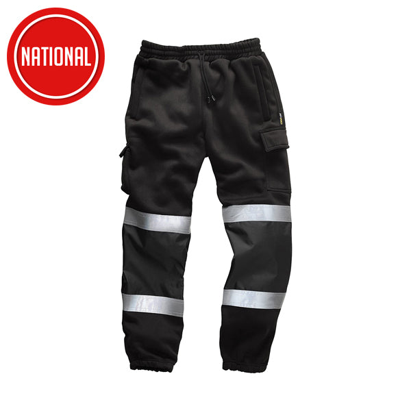 Black work trousers with reflective safety stripes and cargo pockets, suitable for construction or trades.