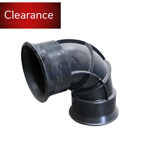 Black plastic pipe elbow fitting for plumbing or drainage, clearance sale banner