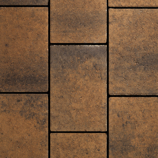 Brown textured paving slabs with a rustic finish, ideal for patios or garden landscaping
