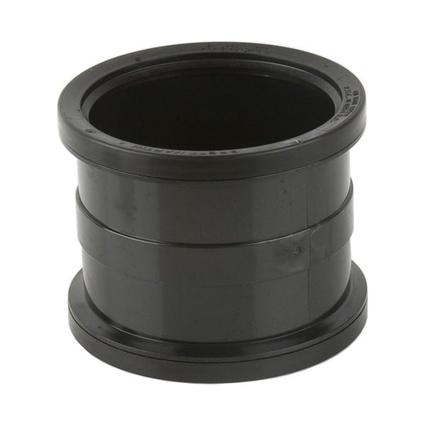 Black plastic pipe connector coupler fitting for plumbing or drainage