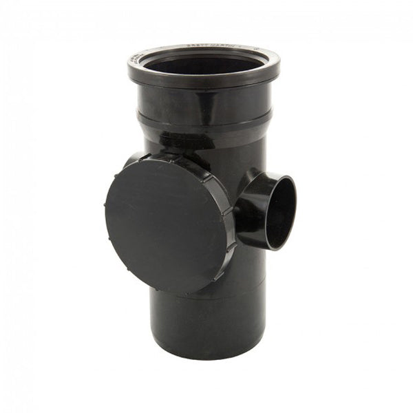 Black PVC soil pipe access junction with side outlet and screw cap, plumbing fitting