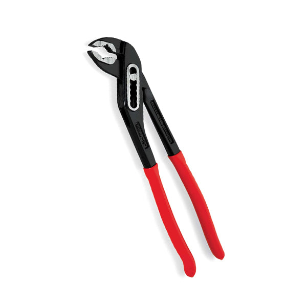 Adjustable water pump pliers with red handles, plumbing hand tool on white background