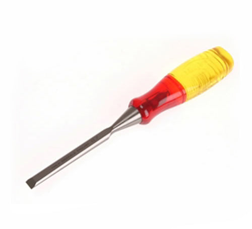 Wood chisel with yellow and red handle for carpentry and woodworking projects