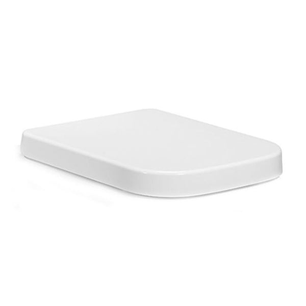 White rectangular toilet seat lid with rounded corners on a plain background
