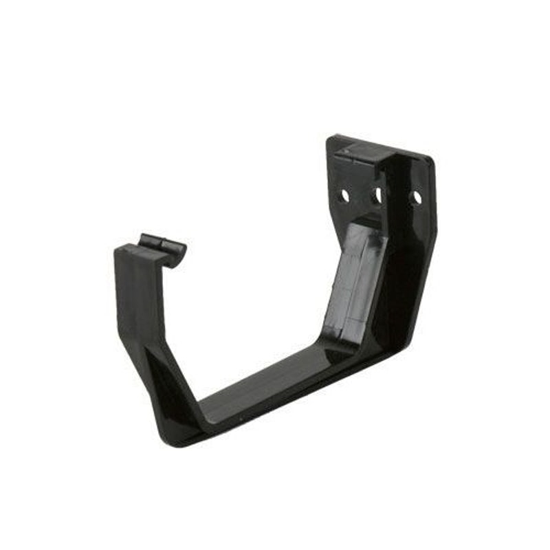 Black plastic gutter bracket for rainwater drainage system, isolated on white background