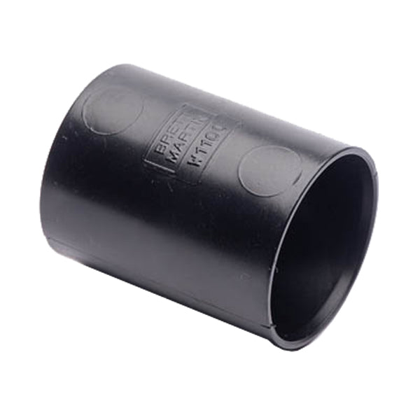 Black plastic waste pipe connector coupler for plumbing or drainage installation
