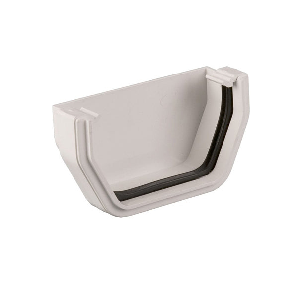 White plastic gutter end cap with rubber seal for building and DIY roofing projects