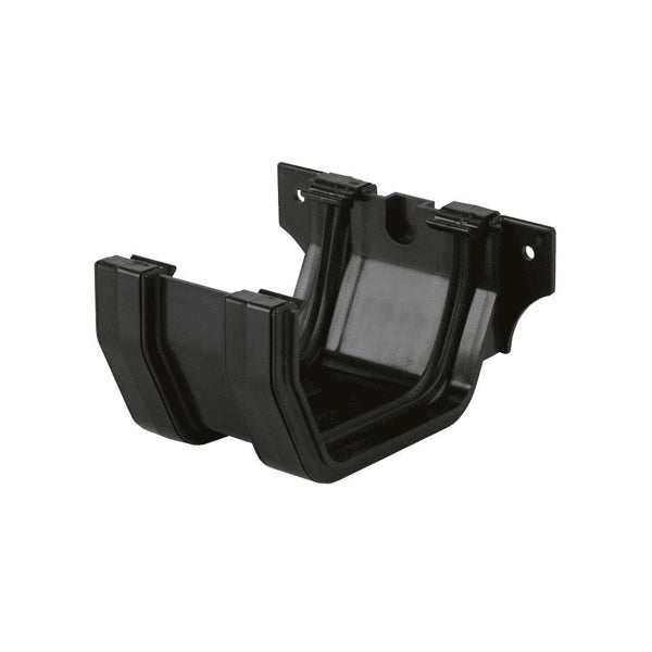 Black plastic gutter union bracket for rainwater drainage system, isolated on white