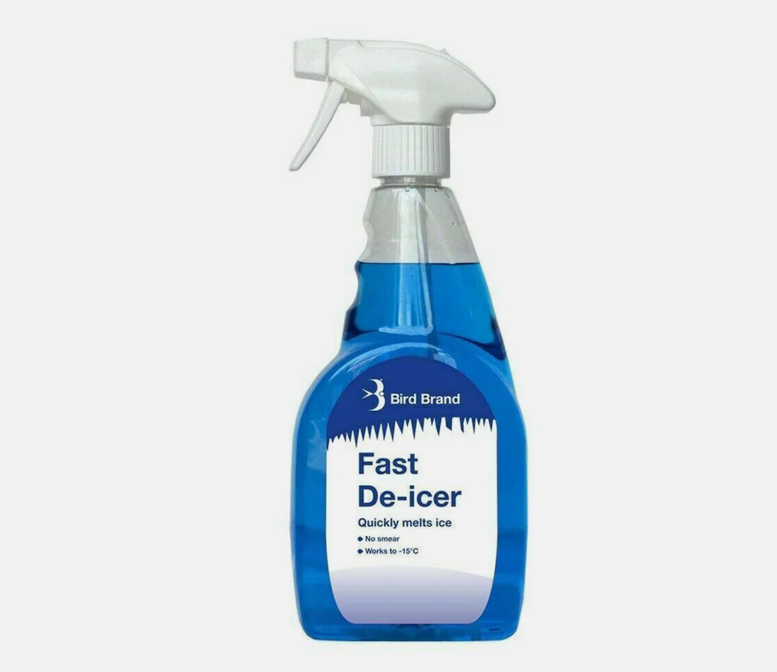 Bird Brand Fast De-icer spray bottle with blue liquid for melting ice on surfaces