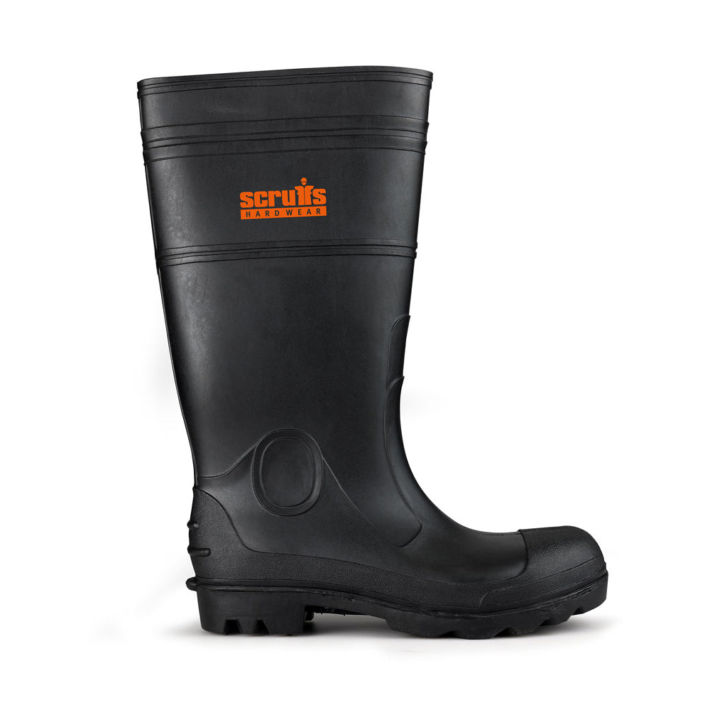 Black waterproof work boot with rugged sole and orange Scruffs Hardwear logo, side view