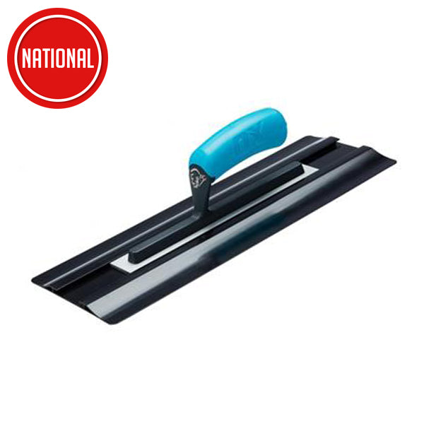 Rectangular trowel with blue handle for plastering or flooring on white background