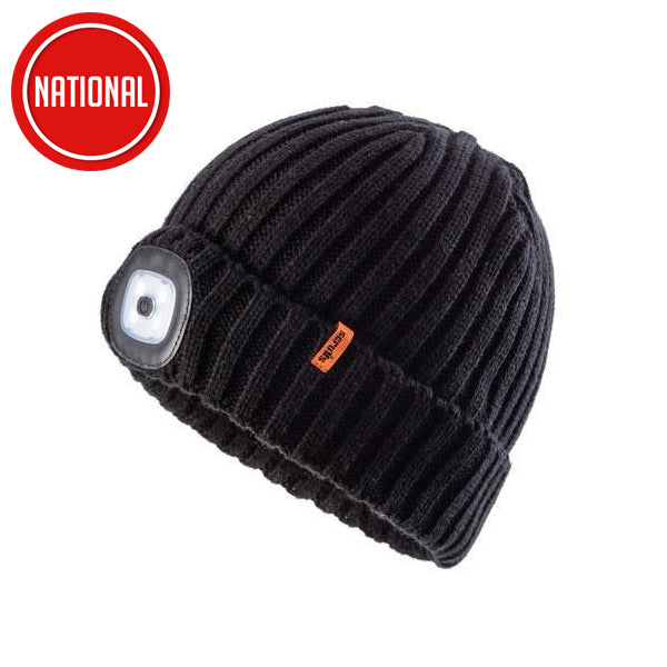 Black LED beanie hat with headlamp, warm knit winter workwear