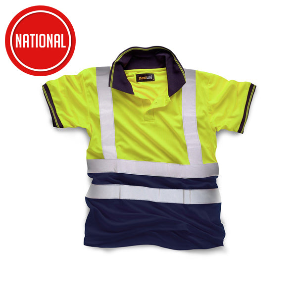 Hi-vis yellow and navy short sleeve safety polo shirt with reflective stripes, ideal for construction.
