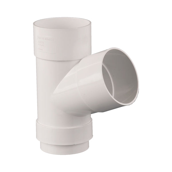 White plastic PVC pipe fitting, 92.5 degree branch tee for plumbing or drainage systems