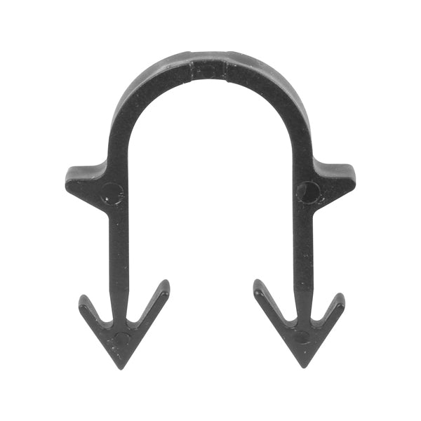 Black plastic pipe clip for securing pipes to walls, building materials accessory