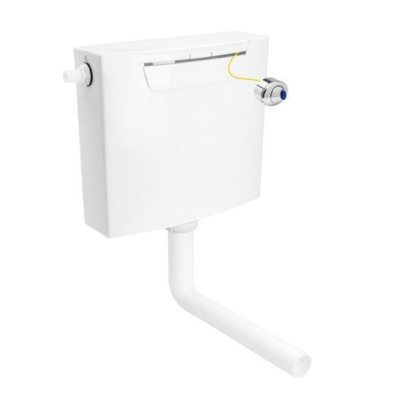 White plastic toilet cistern with side flush button and outlet pipe for bathroom plumbing