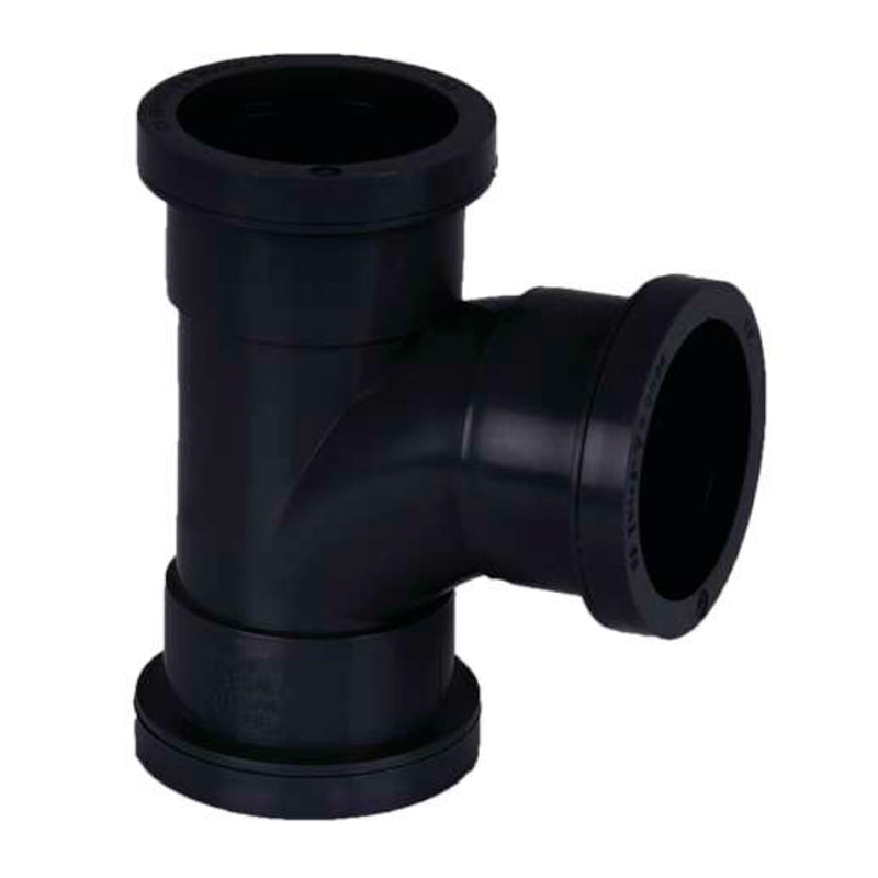 Black plastic push fit waste pipe tee fitting for plumbing installations