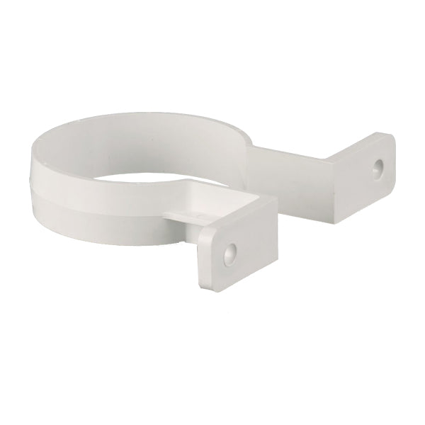 White plastic pipe bracket with screw holes for wall mounting plumbing or drainage pipes