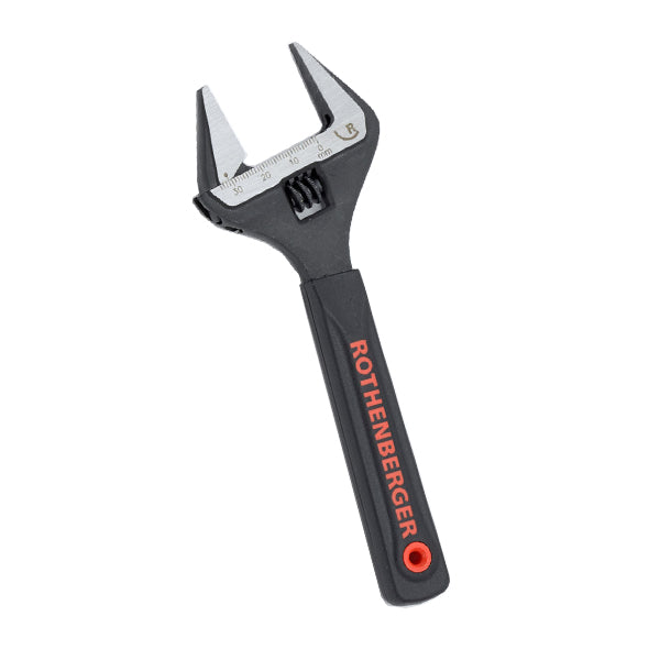 Adjustable wrench with measurement scale and black ergonomic handle