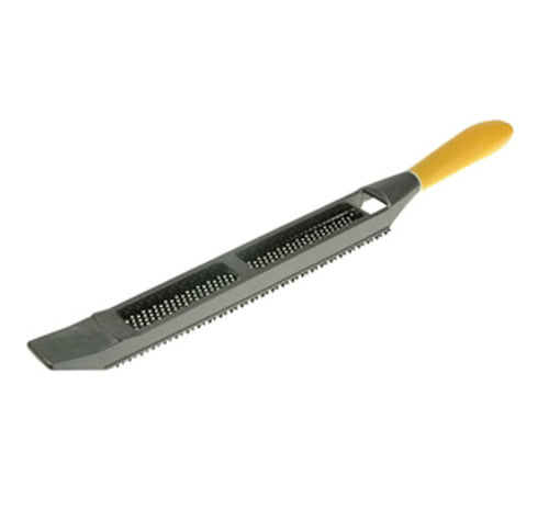Drywall rasp tool with metal grating and yellow handle for plasterboard smoothing