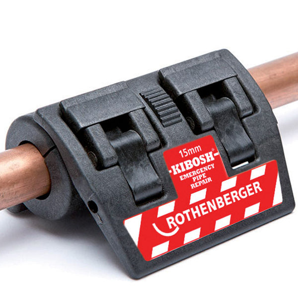 15mm pipe repair clamp for emergency plumbing, black and red with Rothenberger label