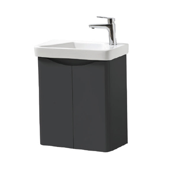 Modern wall-mounted vanity unit with white basin and black cabinet, single lever tap