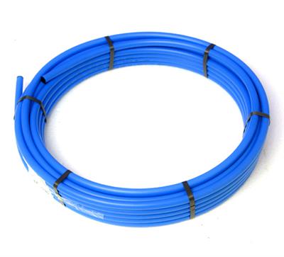 Coiled blue plastic pipe for plumbing or water supply installation