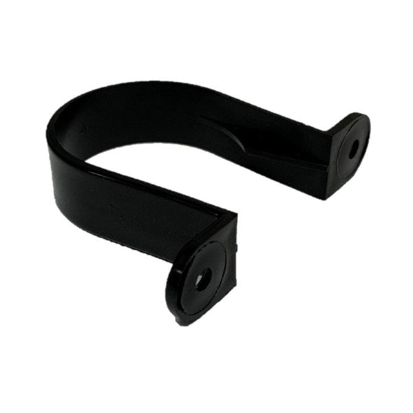 Black plastic pipe clip bracket for plumbing or building material installation