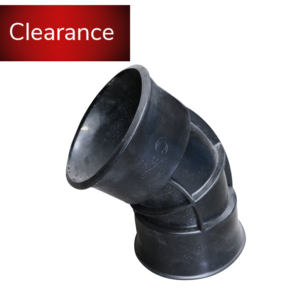 Black plastic pipe elbow fitting for plumbing or drainage, clearance sale badge