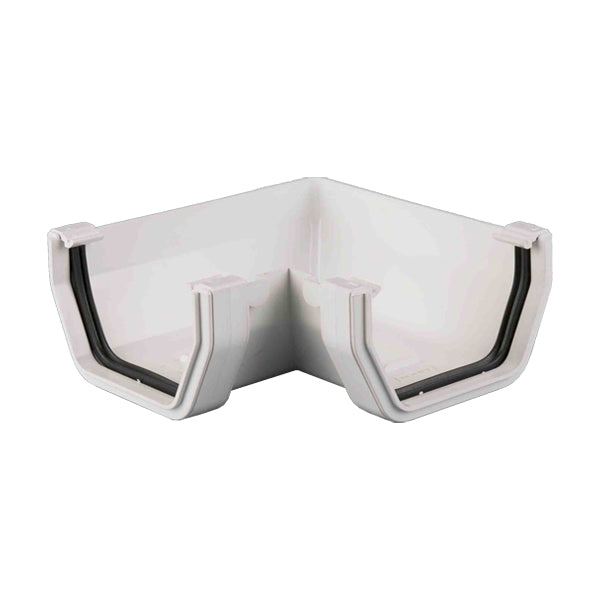 White plastic gutter angle joint for roof drainage system, building supplies
