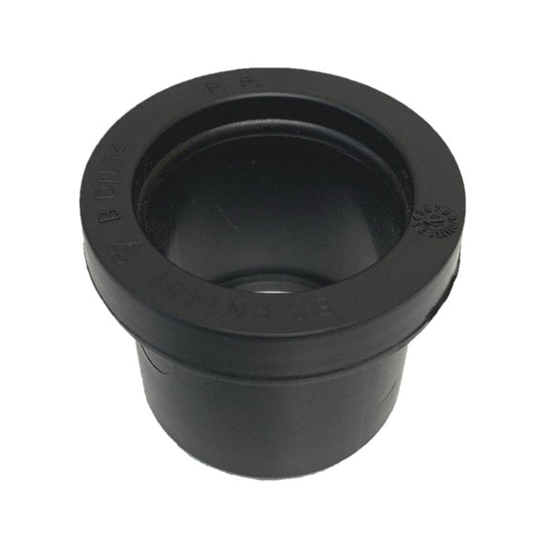 Black plastic pipe fitting reducer for plumbing and drainage systems