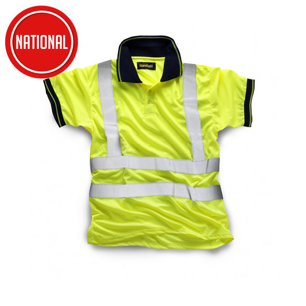 High visibility yellow safety polo shirt with reflective stripes for construction or site work