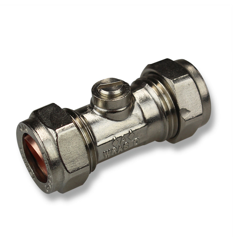 Compression brass T fitting with drain valve for plumbing and heating installations