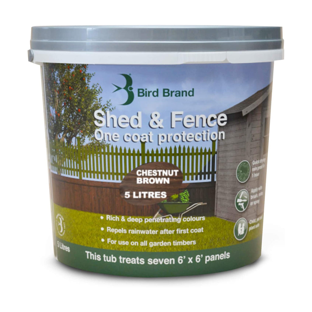 Bird Brand Shed & Fence one coat protection, chestnut brown 5L tub for garden timber