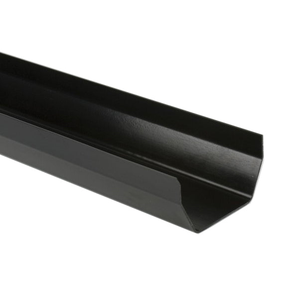 Black plastic rainwater gutter section for roofing and building projects