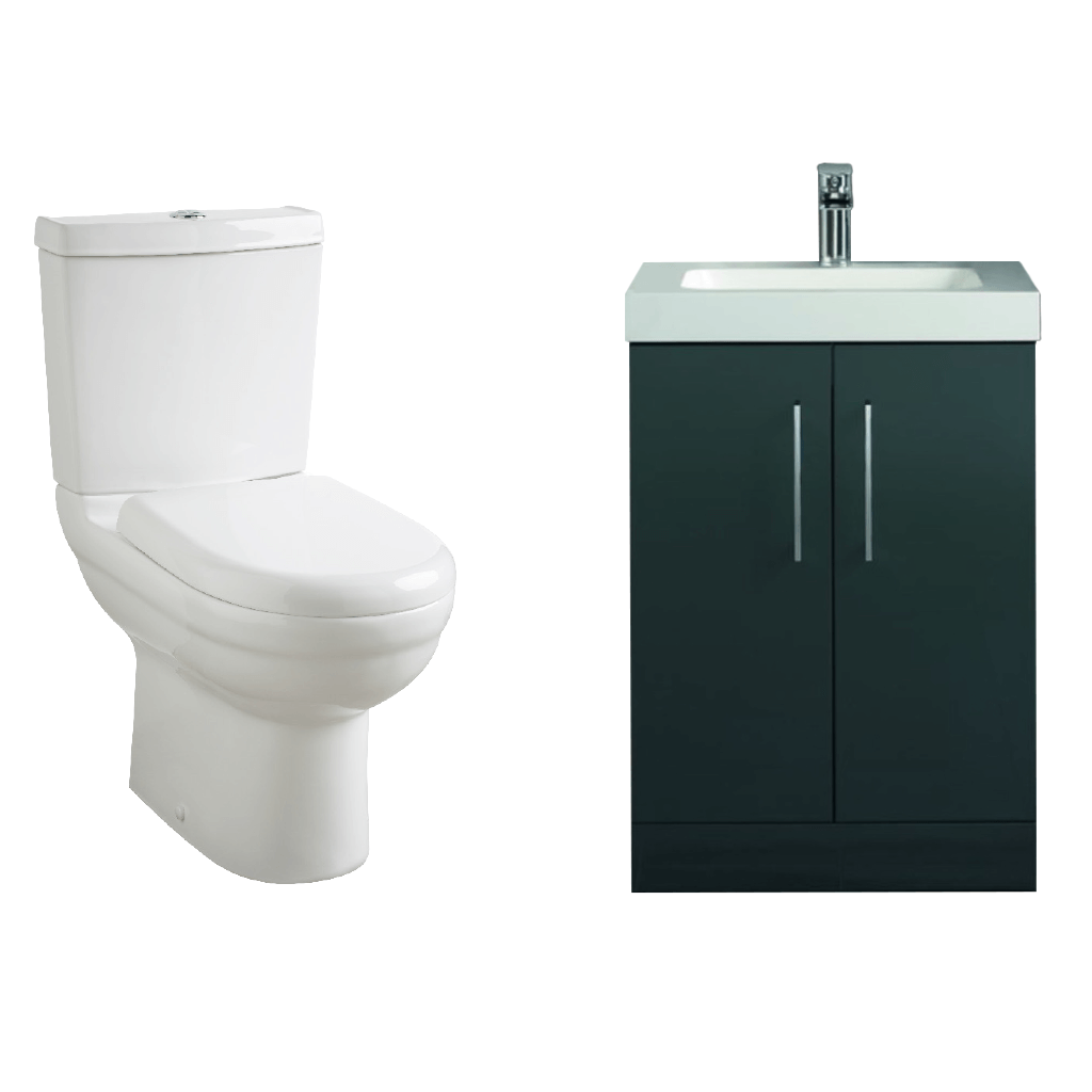 Modern close-coupled toilet and black vanity unit with basin for bathroom renovation
