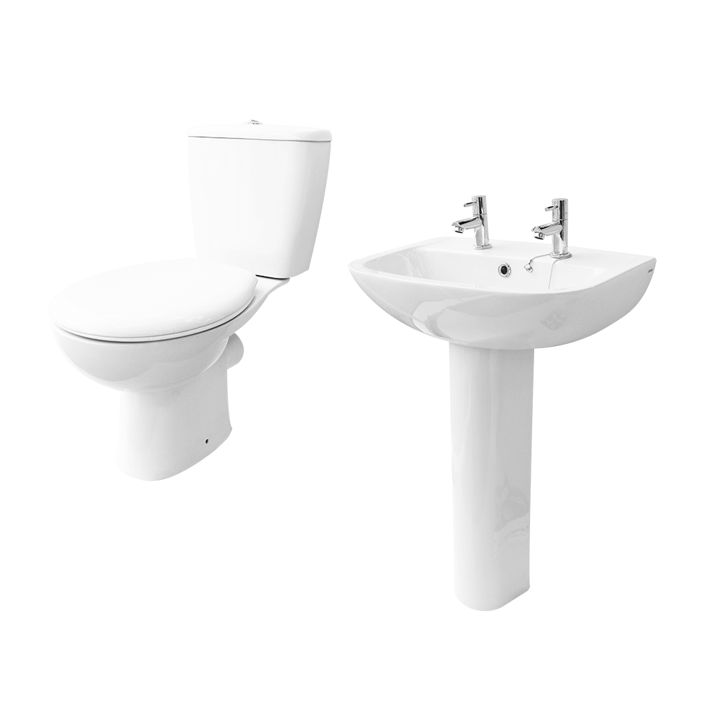 White ceramic toilet and pedestal basin bathroom suite with chrome taps on white background