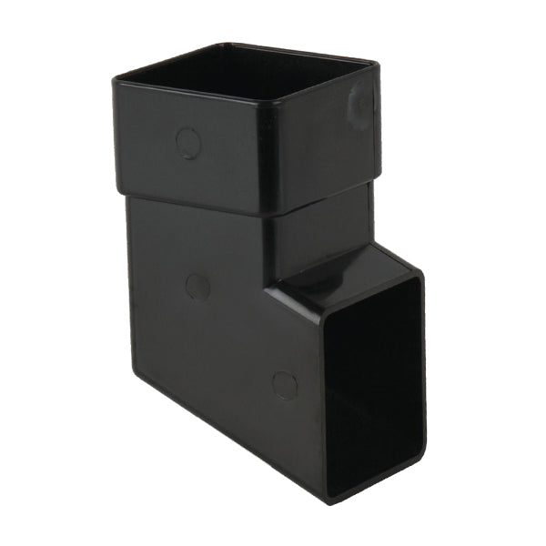 Black plastic square downpipe offset bend connector for rainwater drainage systems