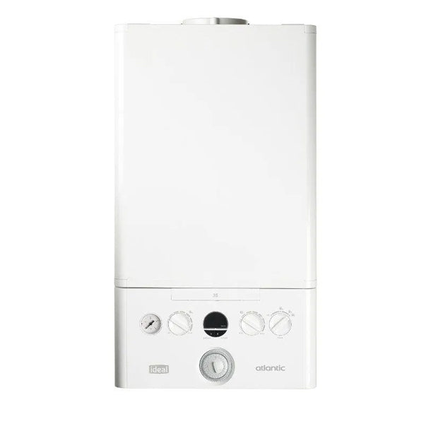 White gas combi boiler with control dials and pressure gauge, suitable for home heating