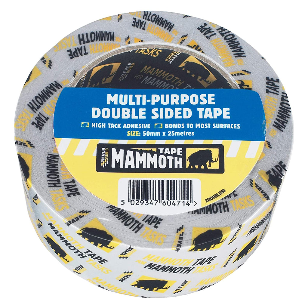 Multi-purpose double sided tape roll, 50mm x 25m, labeled Mammoth Tape, high tack adhesive.