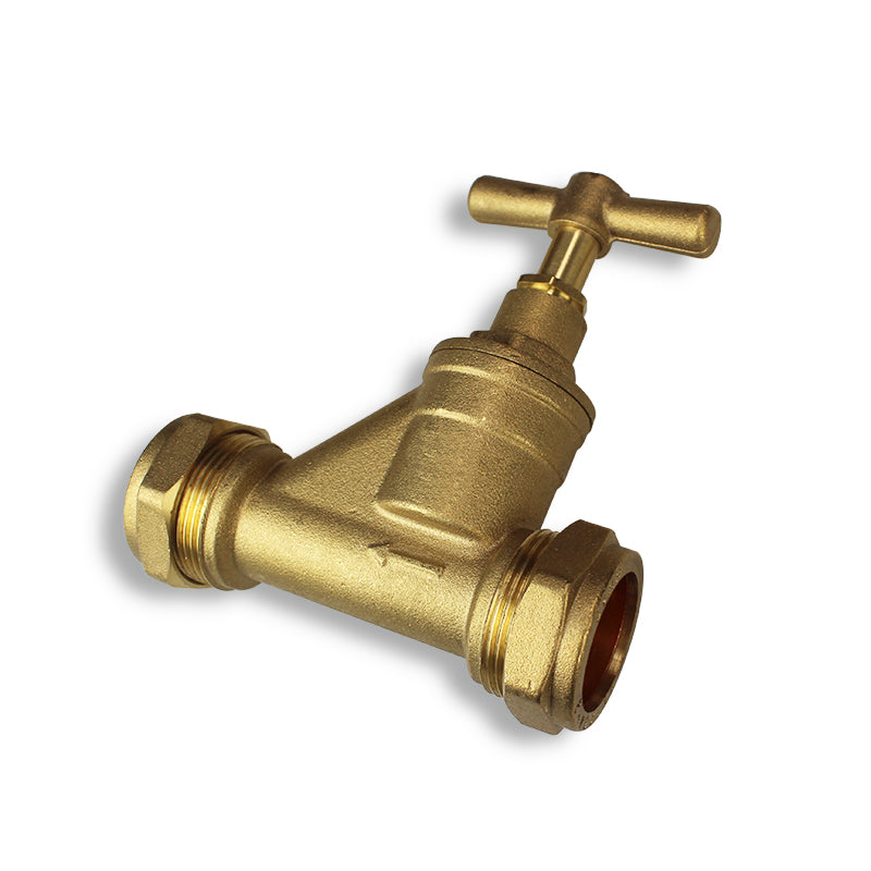 Brass compression stopcock valve for plumbing or water supply systems on white background