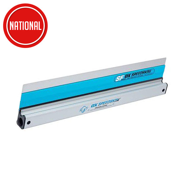 OX Speedskim SF plastering rule for drywall finishing, with blue and silver blade design.