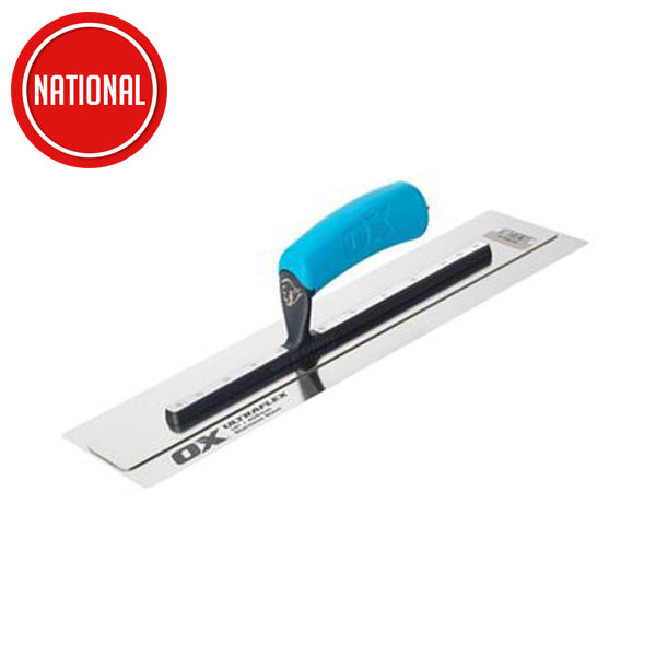 Stainless steel plastering trowel with blue ergonomic handle, building tool for DIY and trade
