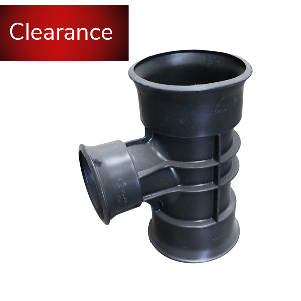 Black plastic pipe fitting connector on clearance, T-joint for plumbing or drainage systems