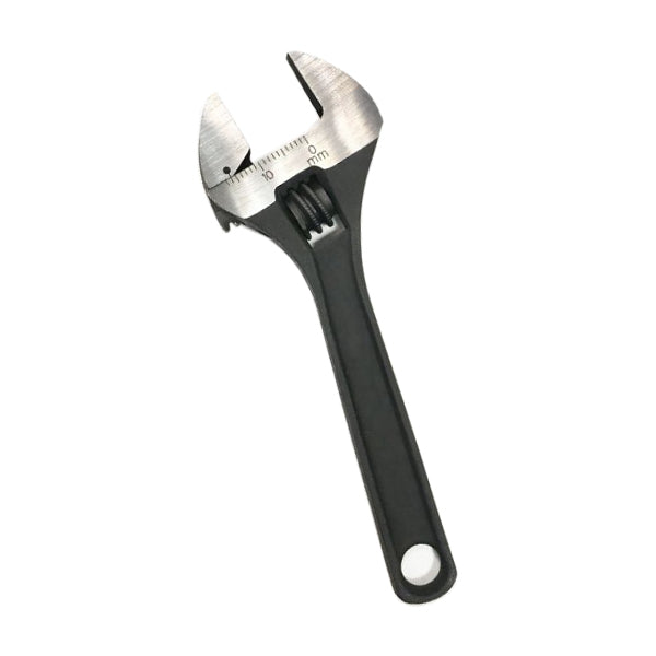 Adjustable wrench with measurement markings, black handle, isolated on white background