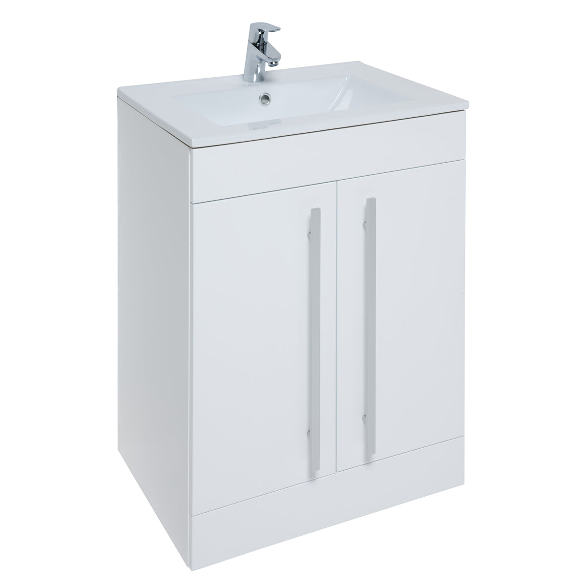 White bathroom vanity unit with sink and chrome faucet, modern double door cabinet