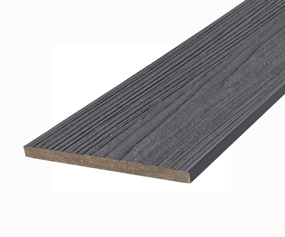 Grey composite decking board with wood grain texture for outdoor flooring